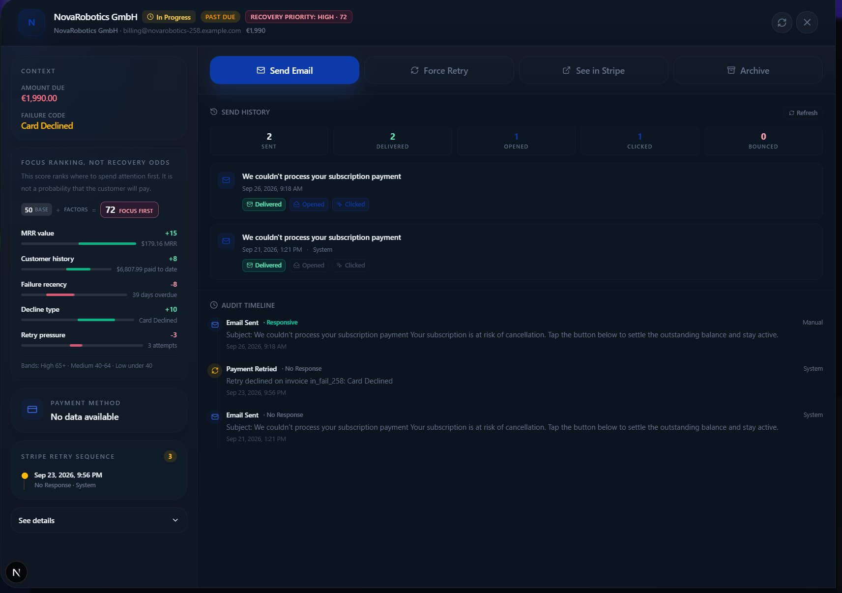 FlowMRR Recovery customer follow-up view